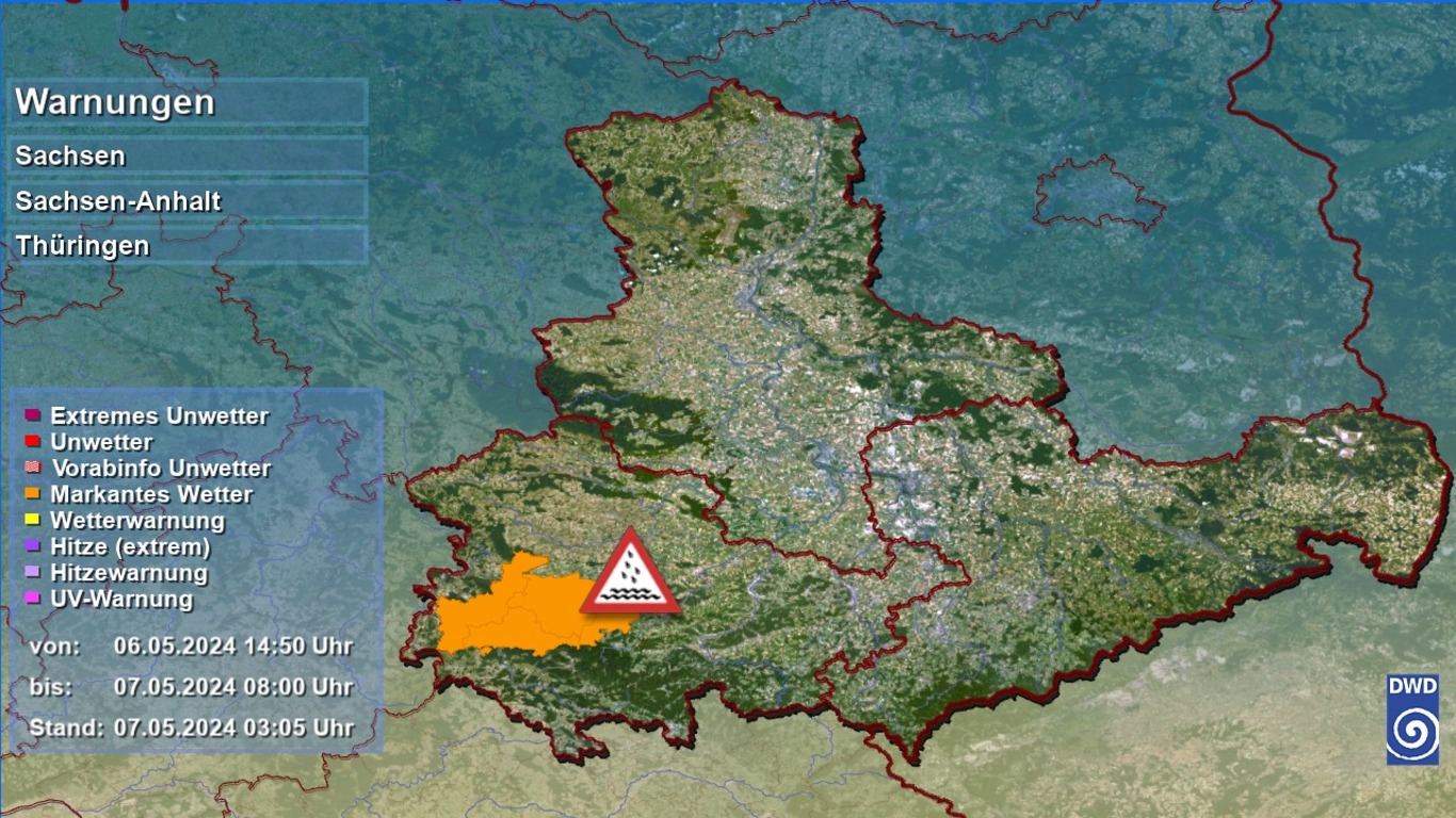 Wetterwarnungen für Sachsen, Sachsen-Anhalt und Thüringen als Karte