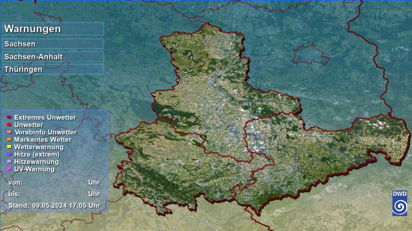 Wetterwarnungen für Sachsen, Sachsen-Anhalt und Thüringen als Karte