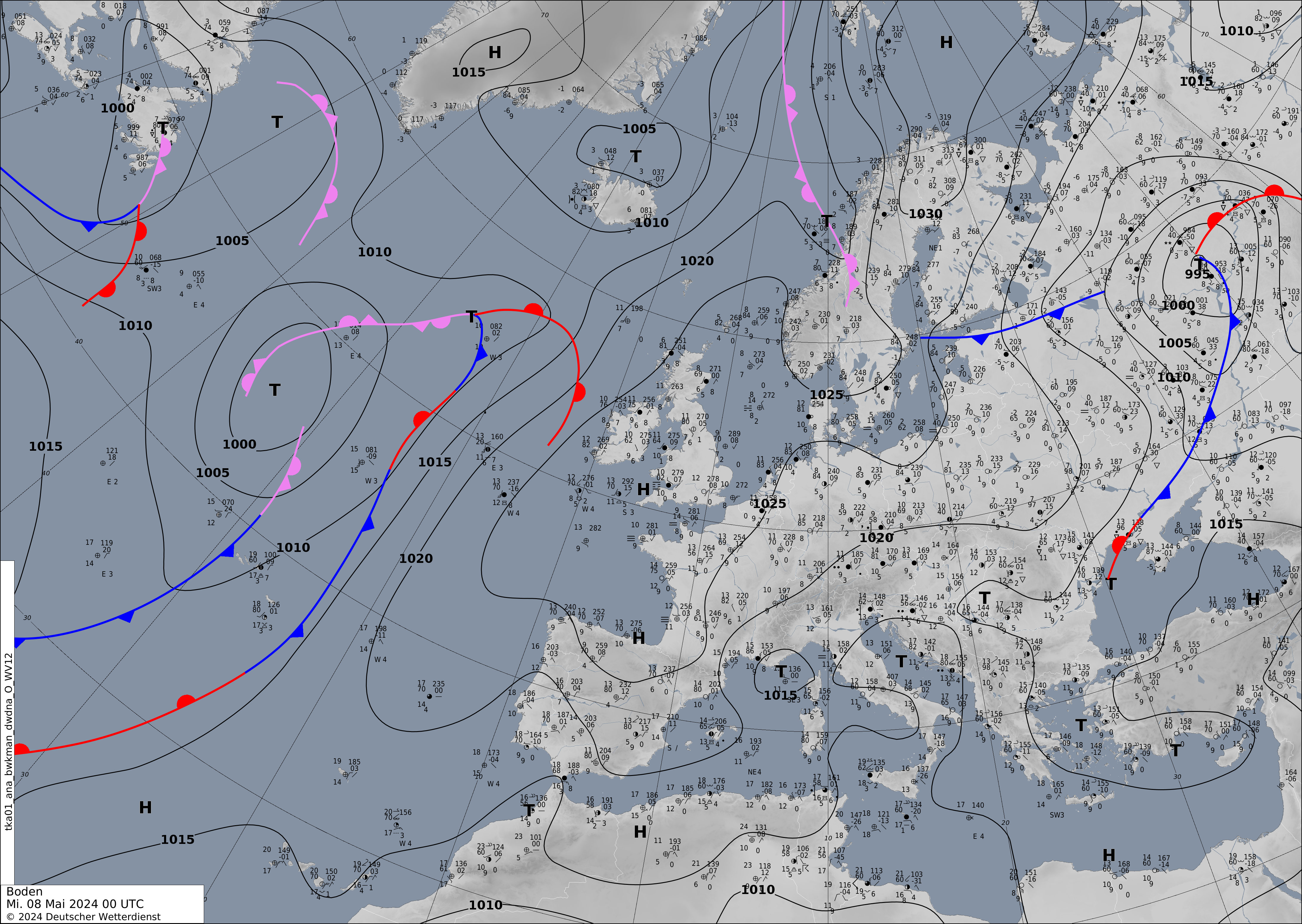 Wetterkarte Luftdruck am Boden Nordatlantik