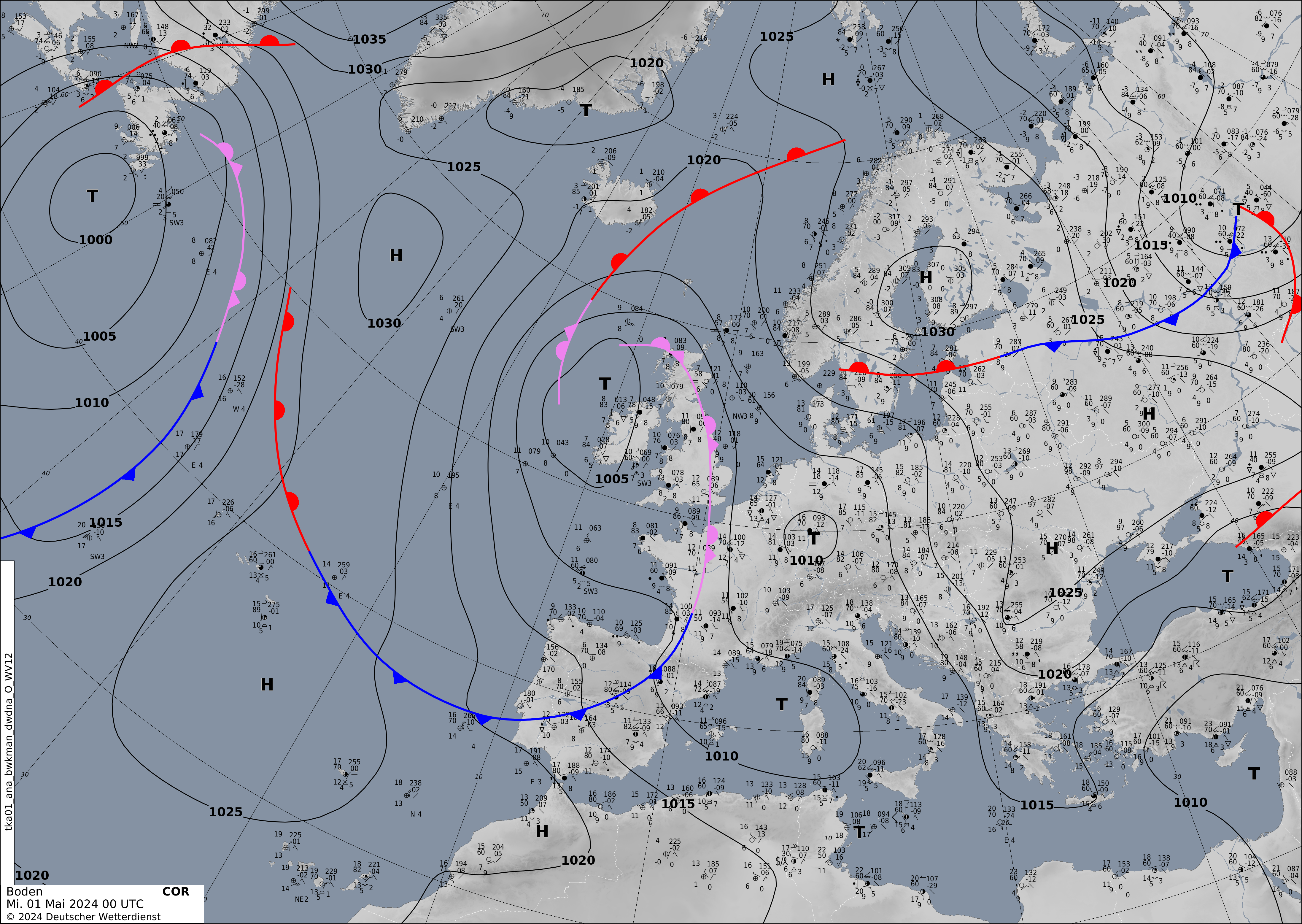 Wetterkarte Luftdruck am Boden Nordatlantik