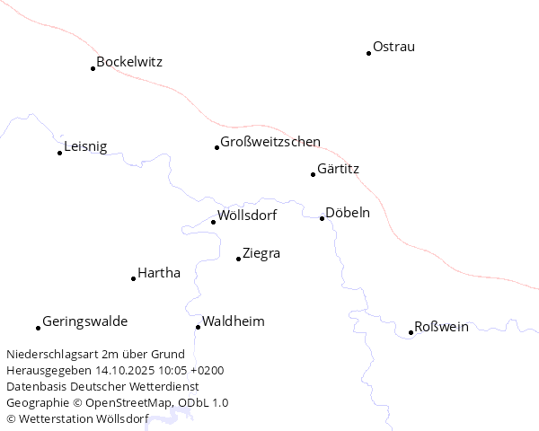 Landkarte der Niederschlagssituation um Döbeln bezüglich der Niederschlagsart
