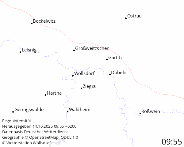 Landkarte der Niederschlagssituation um Döbeln bezüglich der Niederschlagsintensität