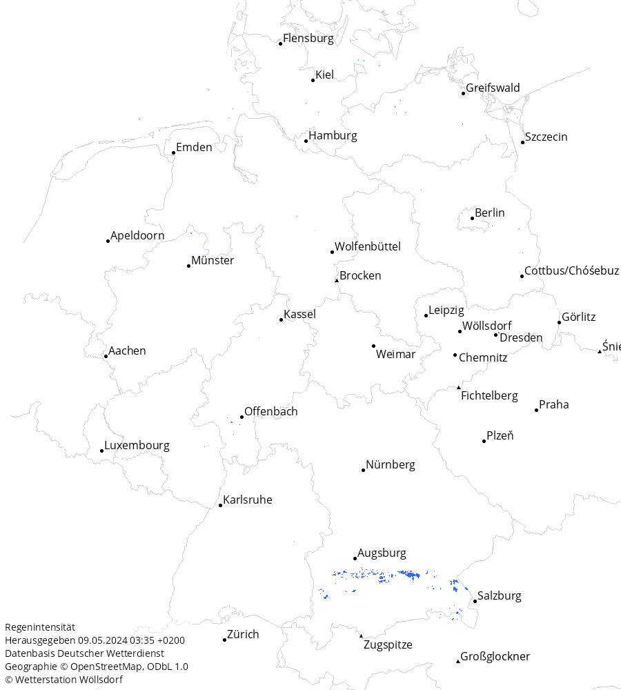 Landkarte der Niederschlagsintensität in Deutschland