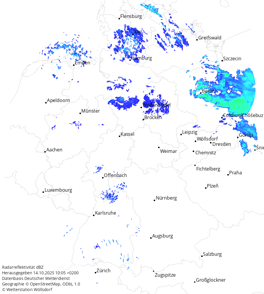 Landkarte der Radarreflektivität in Deutschland