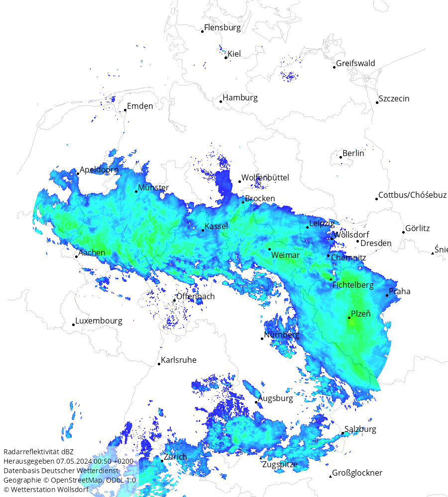 Landkarte der Radarreflektivität in Deutschland